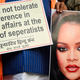 Activists of United Hindu Front (UHF) hold a placard and pictures of Swedish climate activist Greta Thunberg and Barbadian singer Rihanna during a demonstration in New Delhi on February 4, 2021, after they made comments on social media about ongoing mass farmers’ protests in India.
